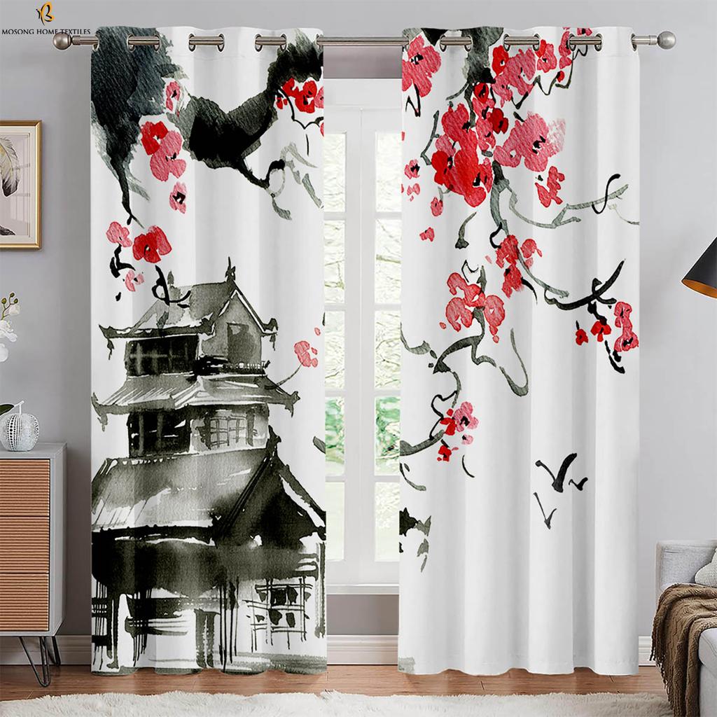 2 Pieces Of Retro Ink Peach Blossom Black And White Print Curtains Bedroom Living Room Study Decorative Curtains