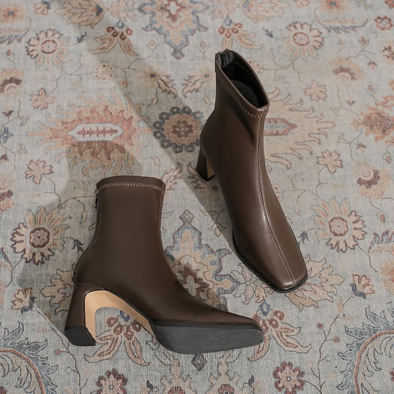 Maillard Style Thick Heel Medium Boots Children's Autumn and Winter New Velvet French Bare Boots with Skirt Elastic Thin Boots