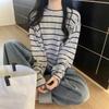 Grey striped long-sleeved T-shirt women's early autumn new Korean lazy style loose and thin age-reducing casual crew neck top