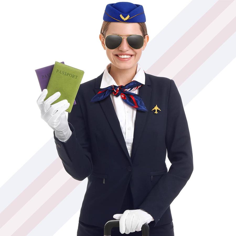 Cosplay Kostüm: Halloween Flugbegleiterin mit Brille, Hut, Handschuhen und Schal
