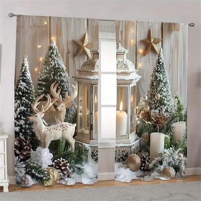 2 Stück klassische Vorhänge mit Weihnachtslaternen, Bäumen und Elchdruck, handwaschbar, hakenlose Stangentasche für Wohnzimmer, Schlafzimmer, Küche, Büro