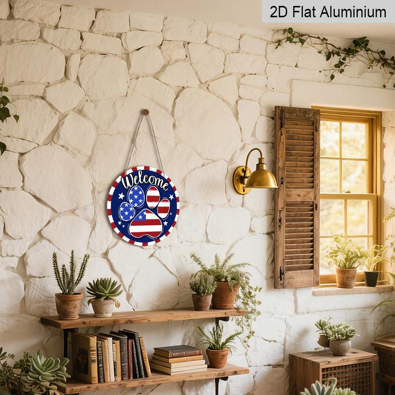 2D Flat Welcome 4th of July Dog Cat Paw Prints Aluminum Sign, Patriotic America Aluminum Sign Door Hanger Outdoor/Indoor Decor, for Home, Office