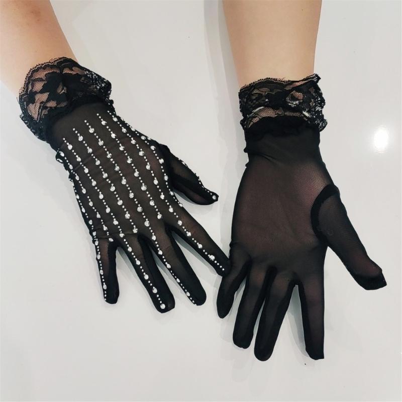 Rhinestones Embellished Gloves With Delicate Lace Trim And Breathable Polyester Fabric Costume Accessory