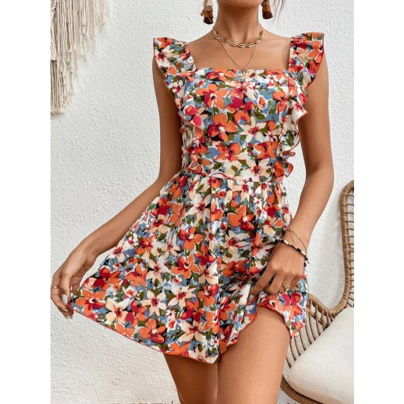 

Летний женский комбинезон без рукавов с цветочным принтом и квадратным воротником, свободный, сексуальный, с открытой спиной, модный, элегантный, повседневный, свободный, с оборками XL оранжевый