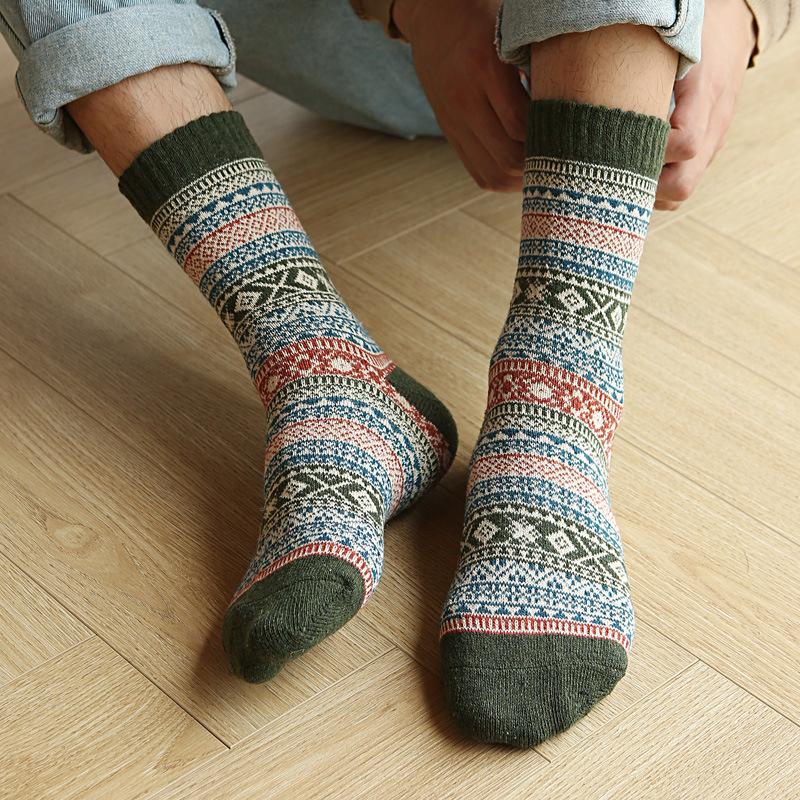 5/10 Pairs Autumn Winter Thickened Warm Socks Men's Retro Ethnic Style Small Diamond Wool Socks Mid Calf Socks Comfortable