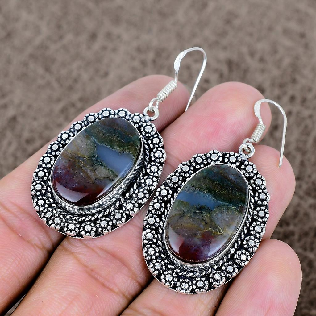 Bloodstone Gemstone Handmade 925 Sterling Silver Jewelry Earring 2.13" KKG-661