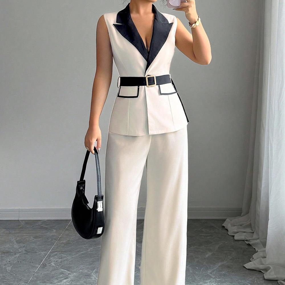 Women s Contrast V Neck Shirt Two-Piece Set, Apricot, Fitted Silhouette S