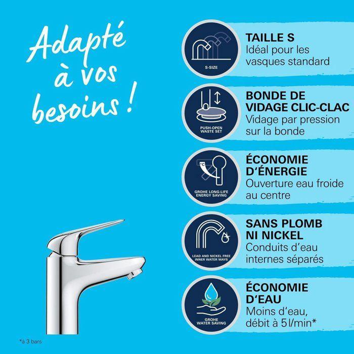 Mitigeur monocommande lavabo - GROHE Swift - 24323001 - Chromé - Taille S - Ouverture Eau Froide - Economie d'eau - Vidage clic clac