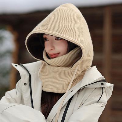 Winter Scarf Cover One-piece Knitted Hat Outdoor Women Riding Electric Vehicle Mask Windproof Ski Fleece Lei Feng Hat