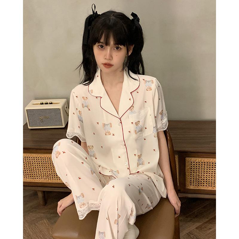 Silk Spring Bear Three-piece Women's Pajamas Cartoon Girl Wind Spring Summer Ice Silk Short-sleeved Cool Loungewear