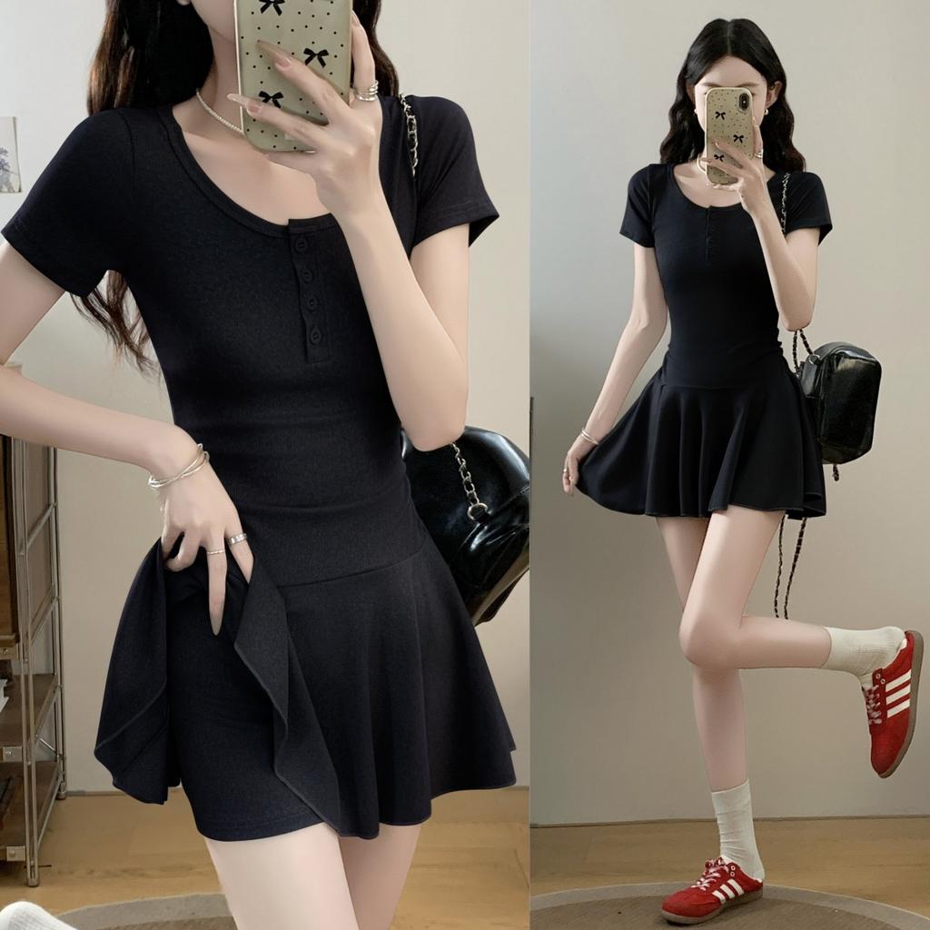 Summer Grey Slim Short Sleeve Mini Dress+shorts Women's Waist Cinched Pleated Elasticity A-line Short Skirt Young Girl Dresses