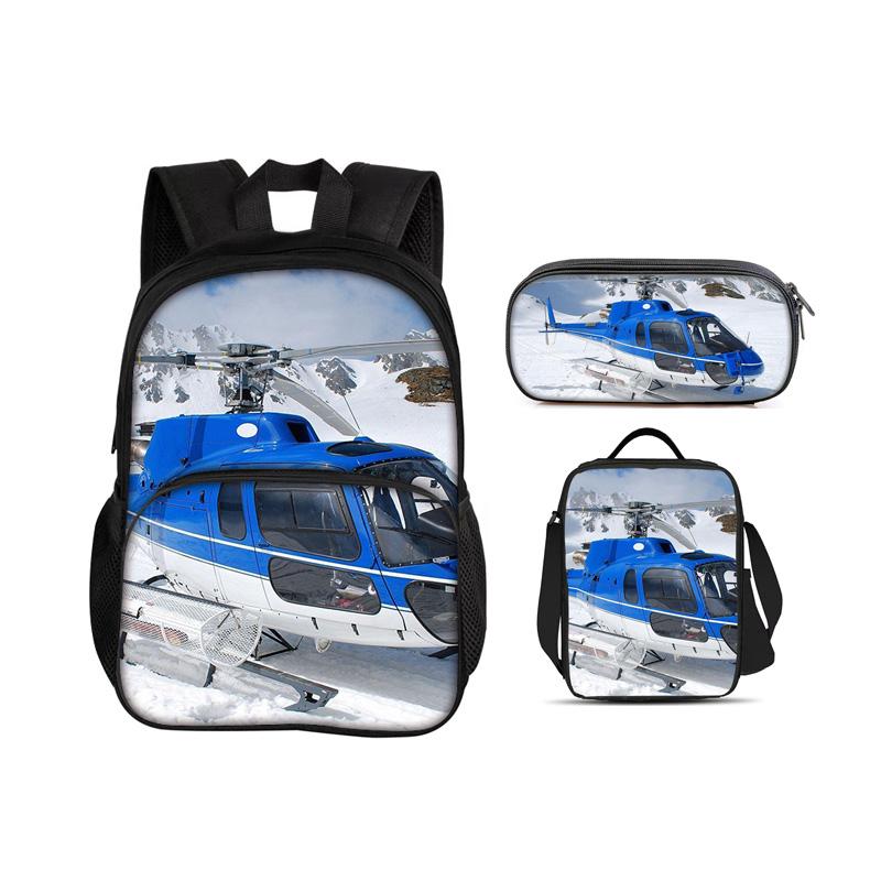 Helicopter Round Front Bag Backpack, Pencil Case, Ice Pack, 3Pcs Set, Mechanical Printing Best Gift for Boys and Girls In School