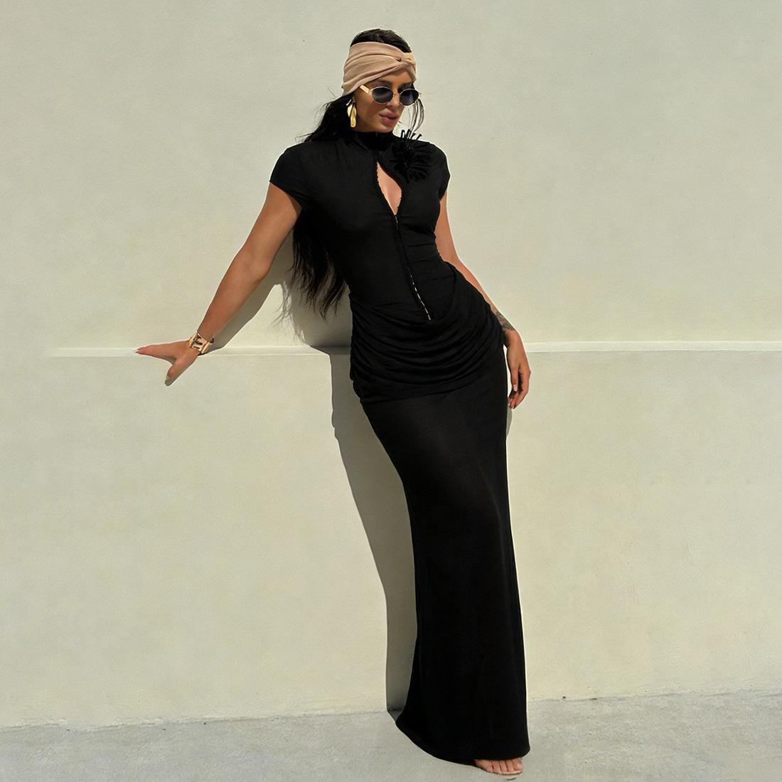 2026 Spring Women s European Style Floral Short-Sleeve Stand Collar Dress M чёрный