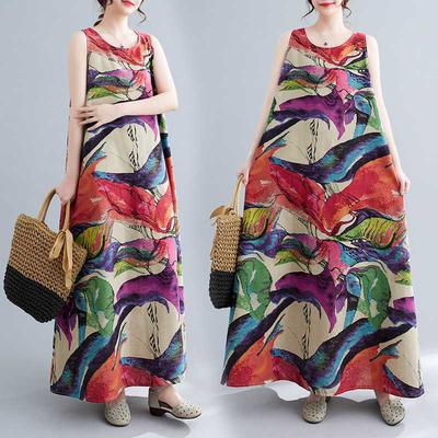 Summer Retro Floral Linen A-Line Long Dress Women's Large Size Sleeveless Round Neck Mid Length Cotton Linen Dress