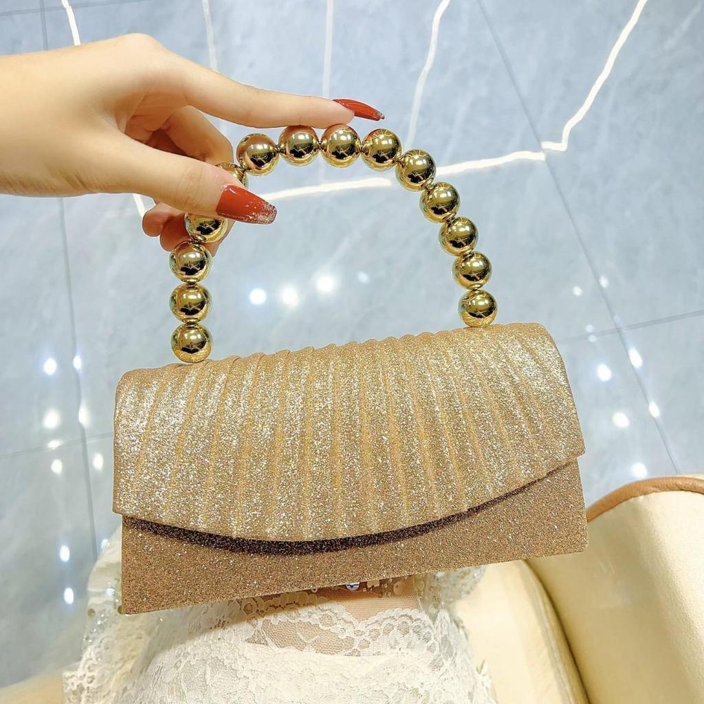 Sparkly Pleated Pearl Strand Clutch - Elegant Evening Bag
