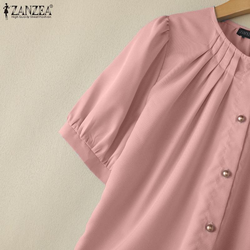 ZANZEA Damen Freizeit Rundhals Einfarbig Kurzarm Bluse