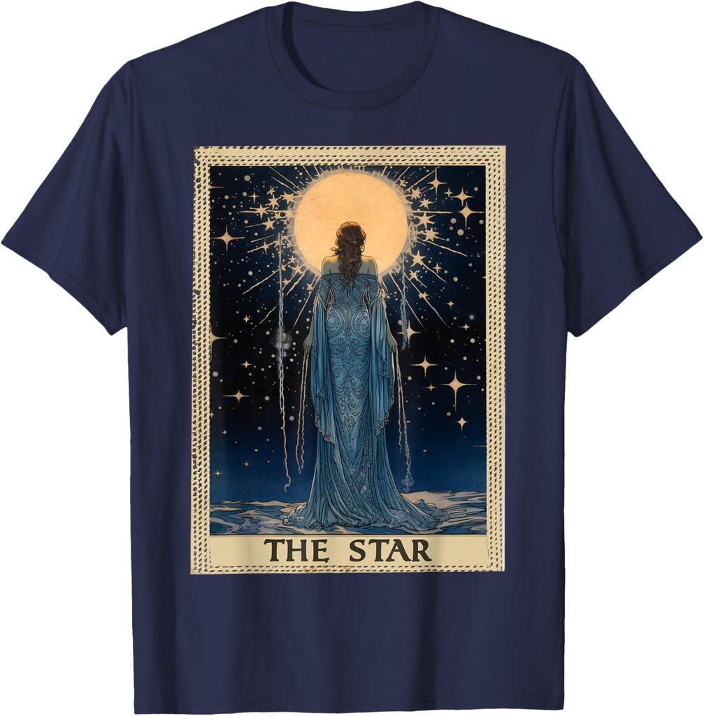 Das Stern Tarotkarten Grafik-T-Shirt Vintage-Stil Astrologie Himmlischer Druck Herren Kurzarm-T-Shirt