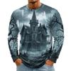 Men's Long Sleeve Halloween Print T-Shirt with Round Neck, Fashion Top for Halloween Events
