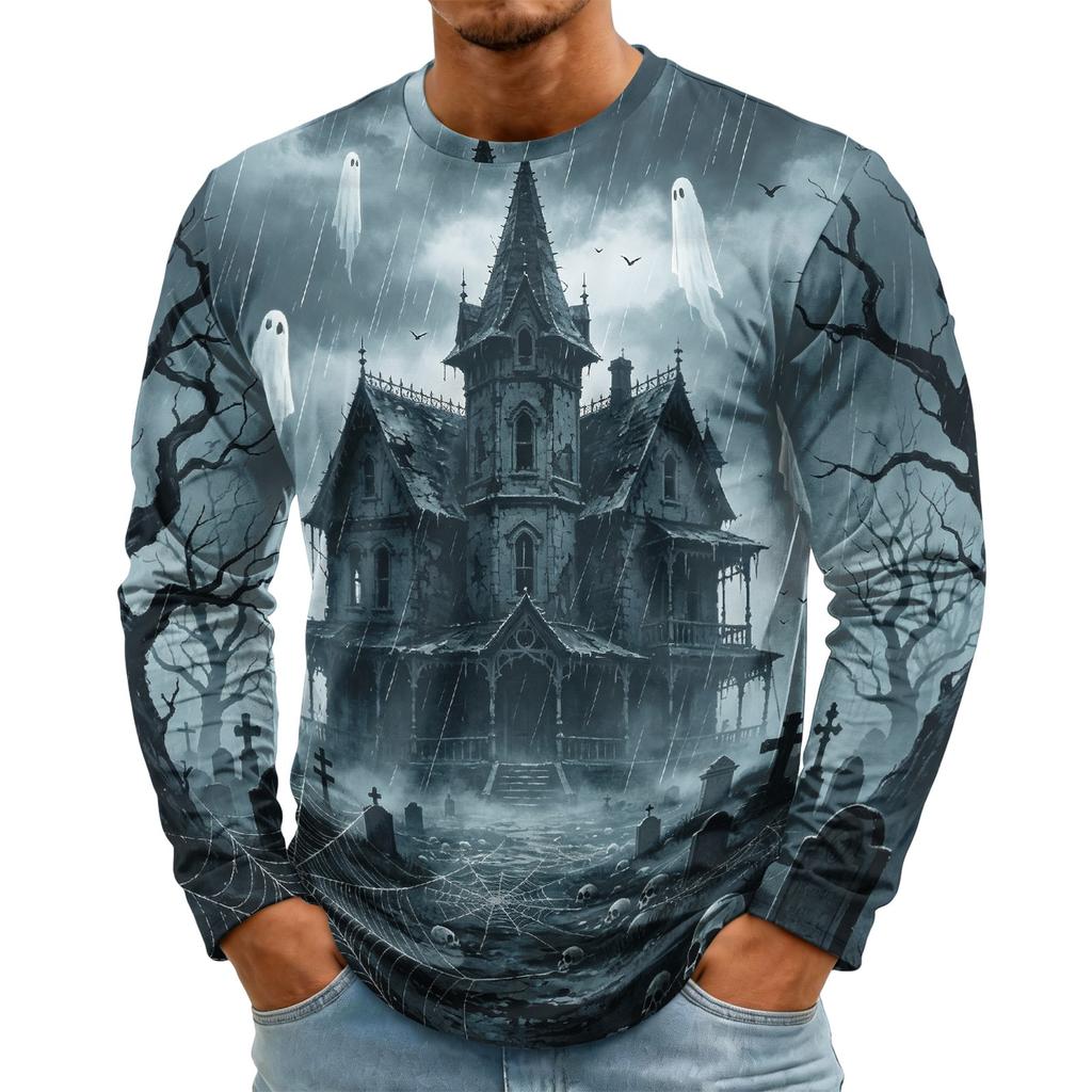 Men's Long Sleeve Halloween Print T-Shirt with Round Neck, Fashion Top for Halloween Events