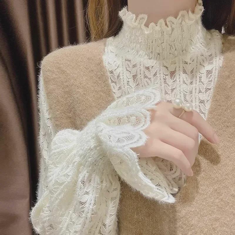 Women's Thickened Velvet Lace Half-Turtleneck Top - Elegant Autumn/Winter 2024 Fashion