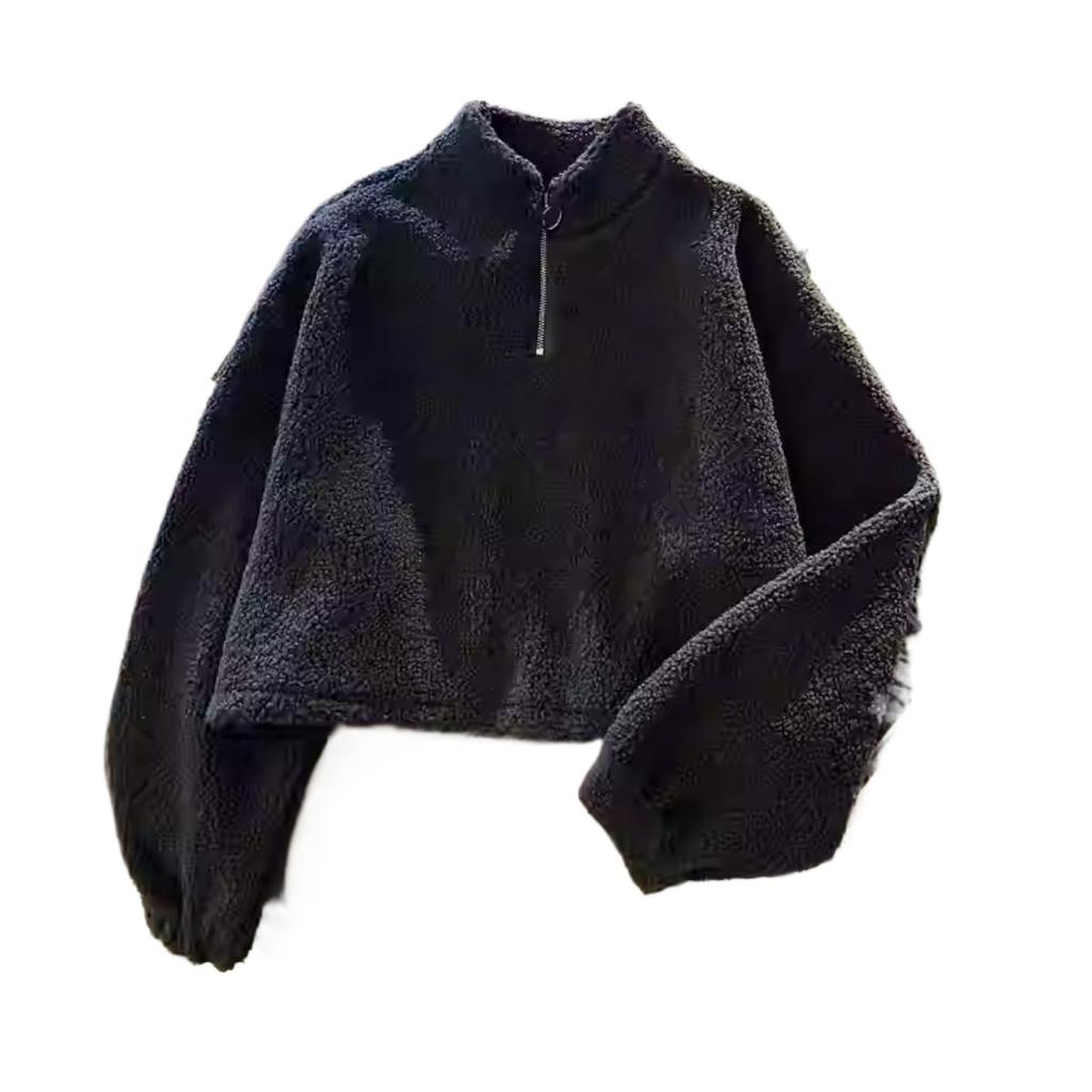 Half High Collar with Thick Wool Imitation Lamb Fur Short Hoodie, Women's Korean Version, Student Autumn and Winter Warm Jacket