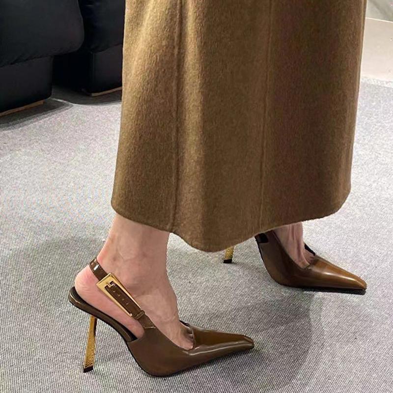 Fashion Star Style Fashion Patent Leather Women Pumps Summer Square Toe Metal Buckle Slingbacks Elegant Thin High Heels Dress Shoes