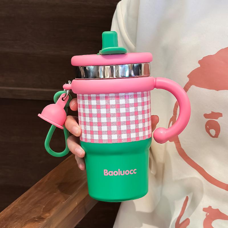 600ml Stainless Steel Thermos Cup with Handle Straw Student Office Girls Coffee Mug Double Drink Household Bingba Thermos Cup 600ml розовый