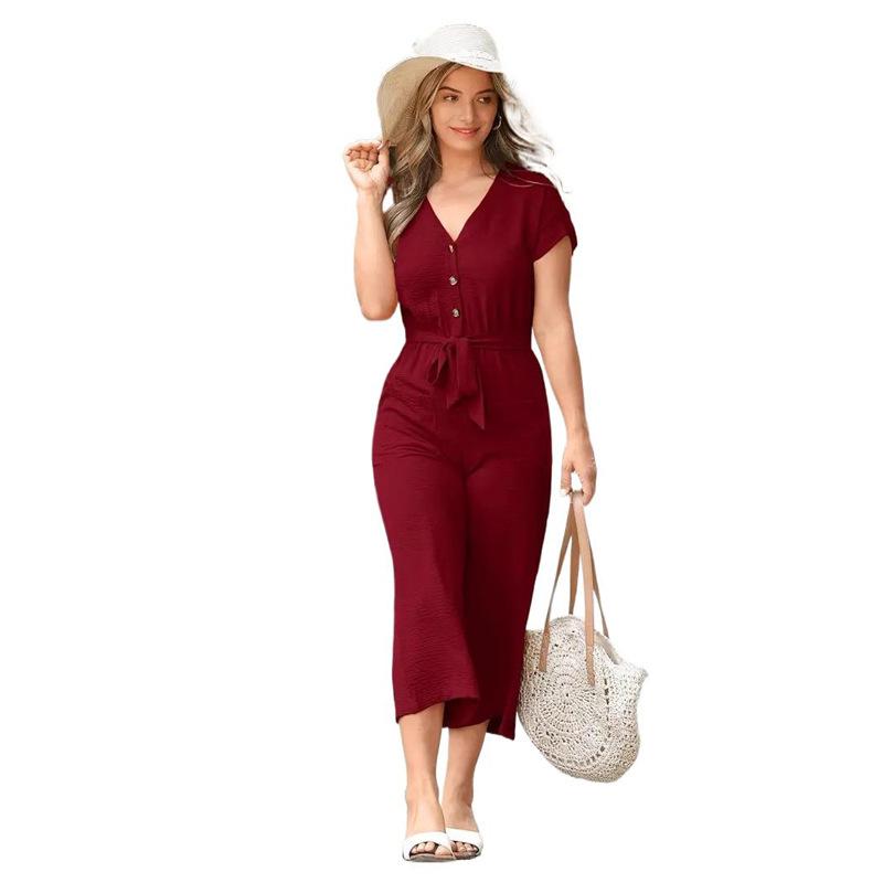 Women s V Neck Short Sleeve Elastic Waist Jumpsuit Casual Straight Leg Romper S