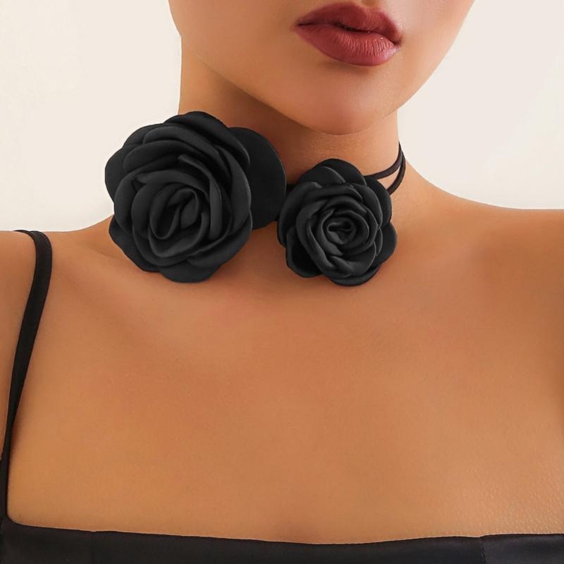 Y2K Adjustable Rope Necklaces with Big/Small Rose Pendant Charm, Fashionable Gothic Clavicle Chain Trendy Neckwear Gift