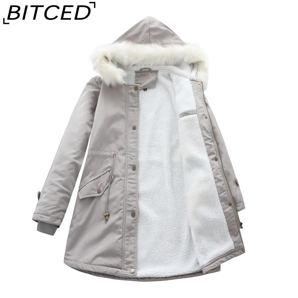 BITCED Autumn/Winter Detachable Fur Collar Women's Parka Long-Sleeved Hooded Cotton Coat Fleece Overcoat