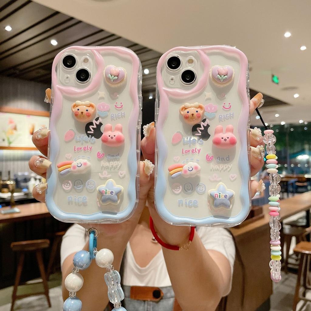 Three Dimensional Waves Suitable for IPhone15 Cute Little Bear Rabbit Cartoon Mobile Phone Case Apple XSMAX 16 Protection Case