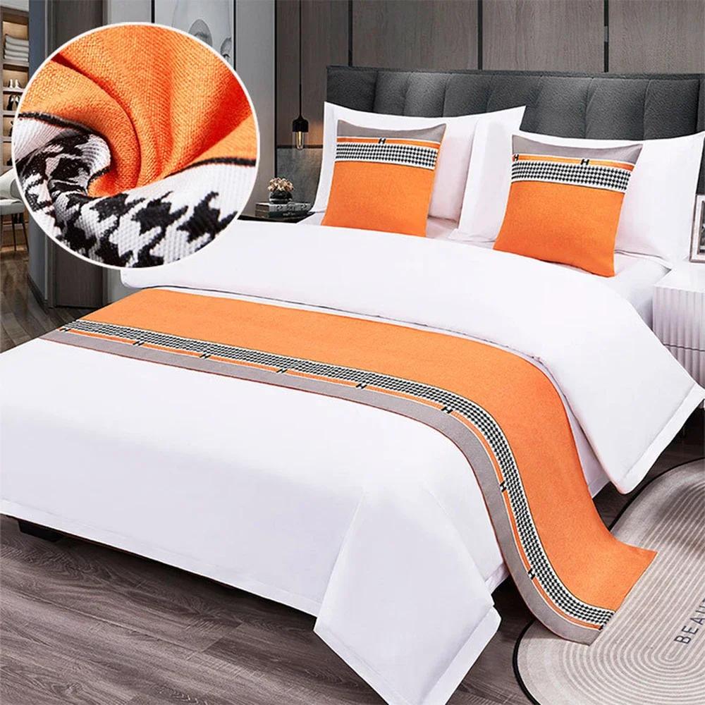 Nordic Cotton Linen Bed Runner Luxury Printing Embroidery Bed Flag Throw for Hotel Home Wedding Bedding Decor Bed Tail Towel