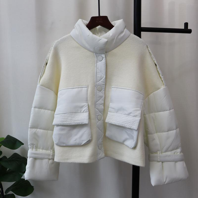 Autumn and winter new splicing cotton clothes knitted cardigan thickened loose temperament design sense stand-up neck sweater jacket women