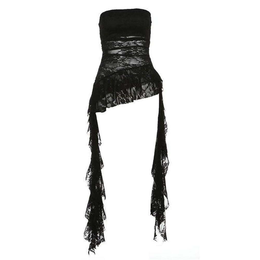 Off Shoulder Jellyfish Mesh Tube Top Irregular Hem Women Chic Tops Fashion Lace Ruffle Vest Party