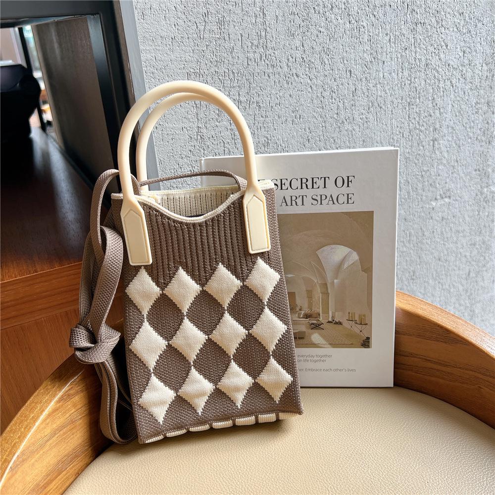 Plaid Cartoon Women's Crossbody Mini Bag: Cute, Lightweight, Knitted Phone Holder for Parent-Child Matching (2024)