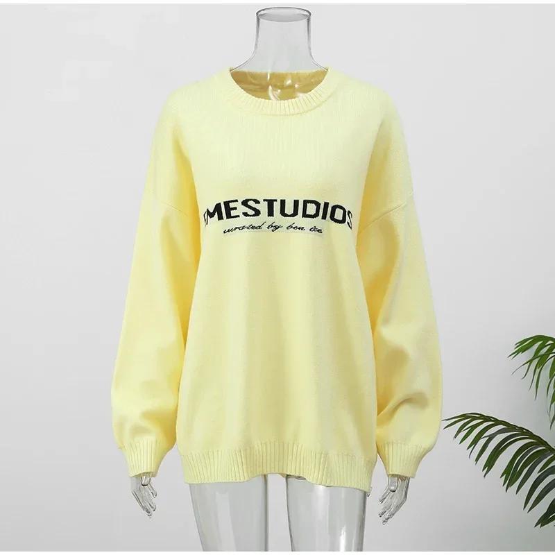 VAYLA Yellow Knitted Letter Sweater Women Elegant Round Neck Long Sleeve Short Pullover Casual Lady New Street Sweaters