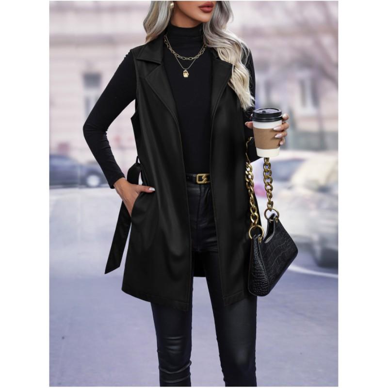 Dámská jarní a podzimní jednoduchá PU vesta jednobarevná temperamentní bez rukávů slim bunda