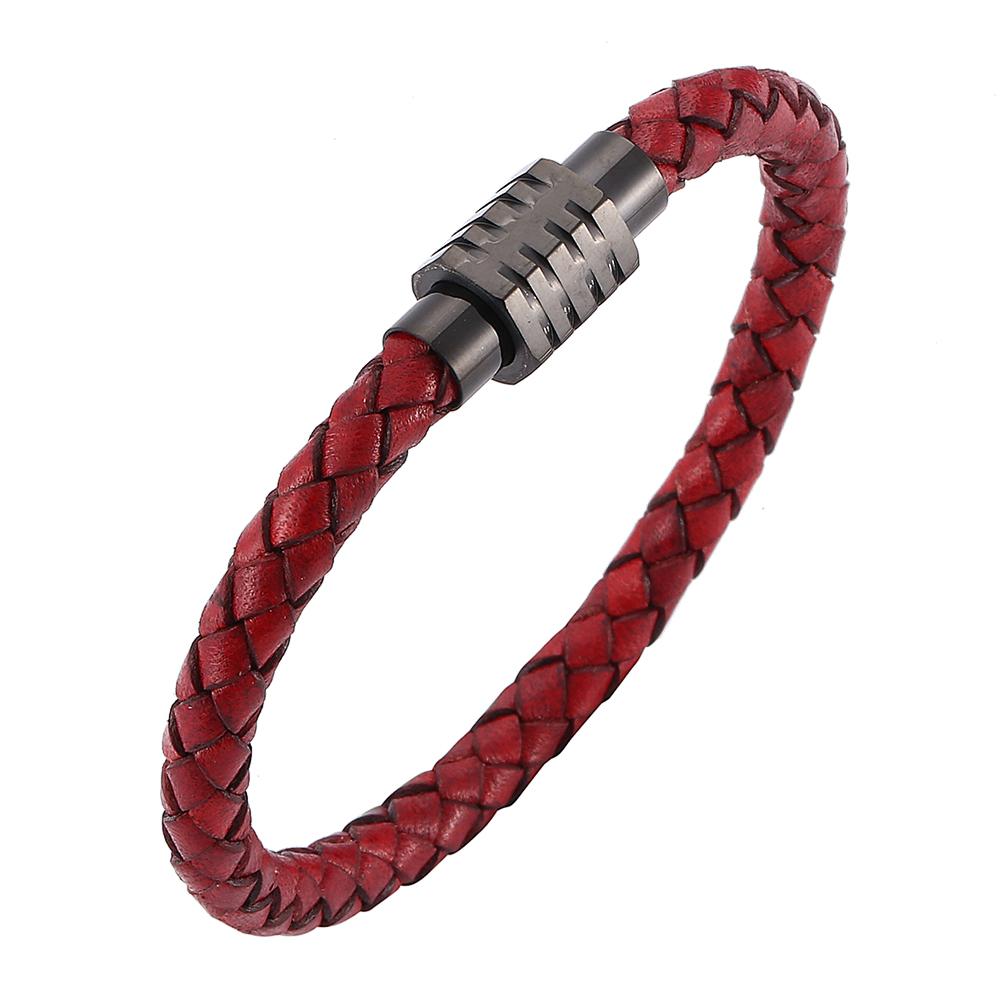 

Винтажные украшения для мужчин и женщин Ren Настоящий плетеный кожаный браслет Застежка из нержавеющей стали Браслеты-манжеты Подарок 205mm красный