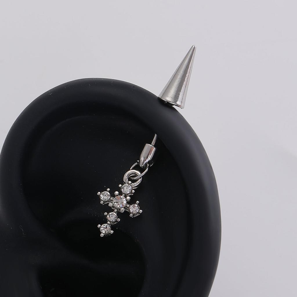 Spike Cone Barbell Piercing Ear Stud with Sparkling Stone Cross Pendant Gothic Cool Unisex Cartilage Ear Jewelry for Daily Street Style Matching