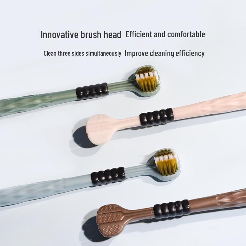 Tri-Head Soft & Hard Bristle Adult Toothbrush with 3D Tongue Scraper