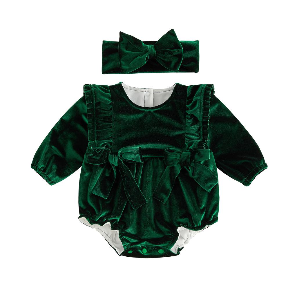 Citgeett Autumn Infant Baby Girl Fall Bodysuit Solid Color Velvet Crew Neck Jumpsuit Headband Casual Clothes