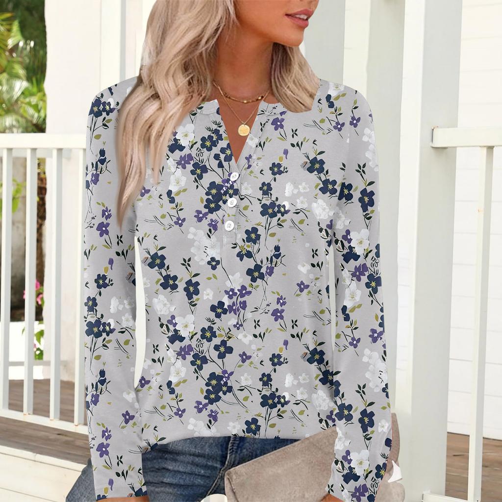 Lässiges und modisches Damen-T-Shirt mit Vintage-Blumenmuster, Rundhalsausschnitt und langen Ärmeln.