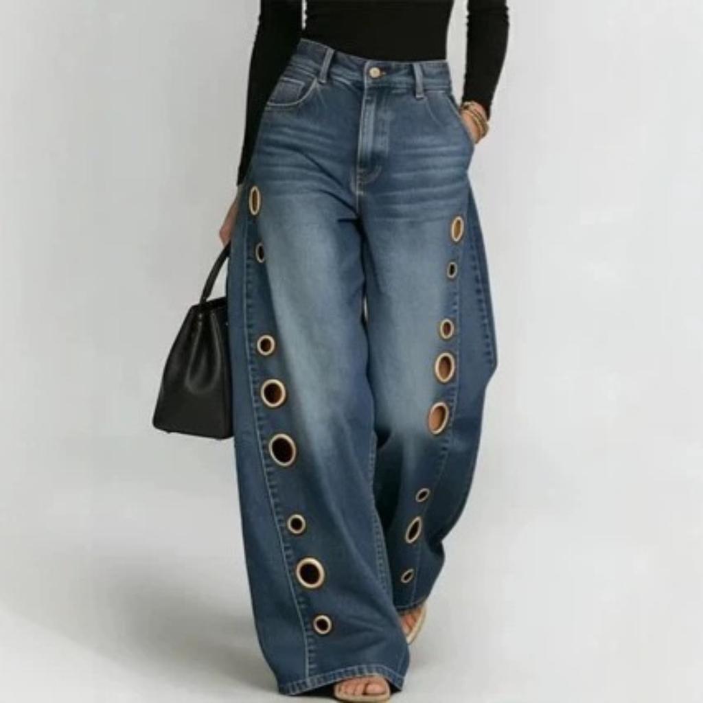 Newly Wide Leg Eyeslet Jeans Pants Sexy Women High Waist Elegant Streetwear Holes Denim Straight Trousers