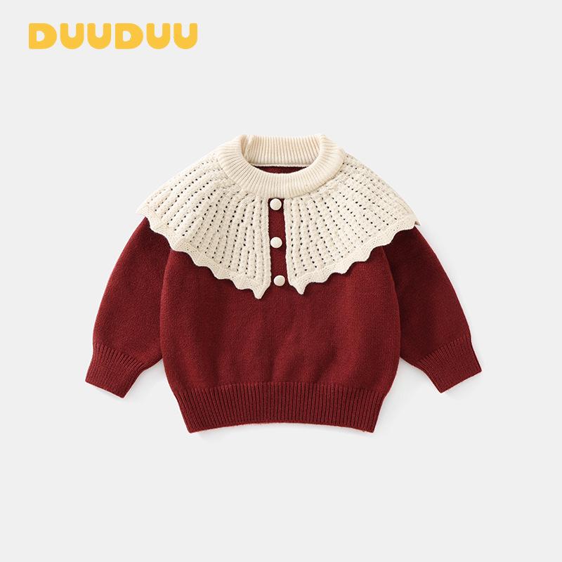 DUUDUU 2025 Детский новогодний трикотаж: Красный свитер для девочки на осень и зиму 120cm красный