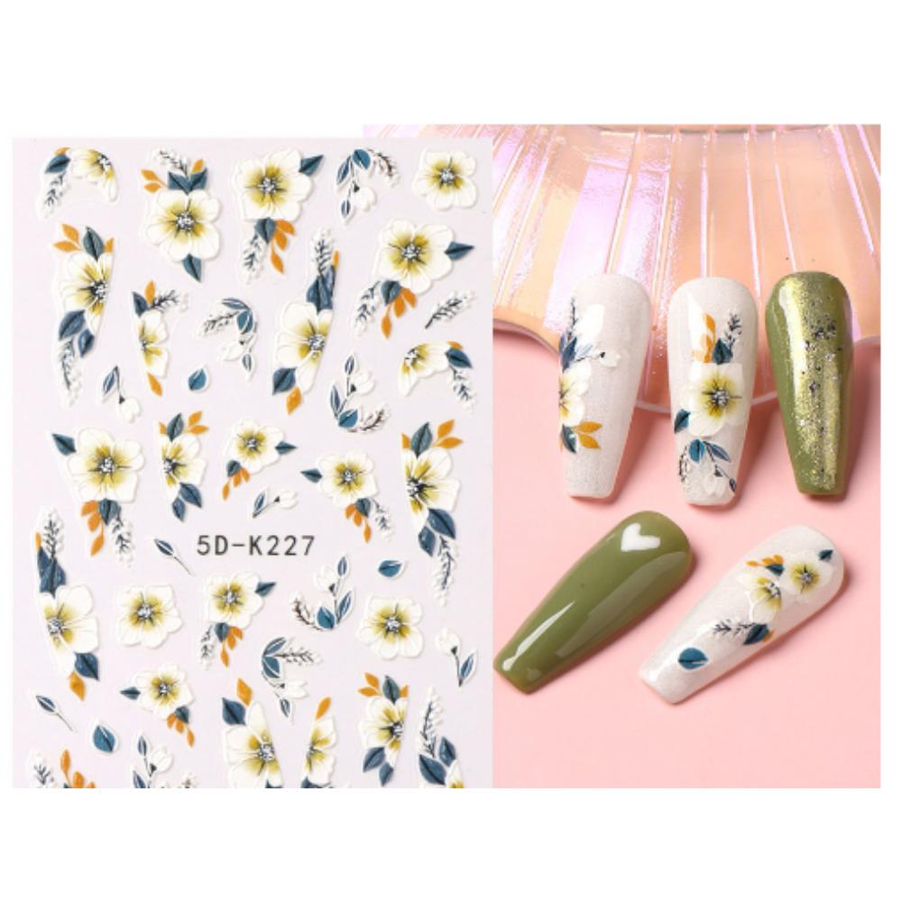 Yellow Mimosa 5D Nail Stickers Embossed Flowers Nails Decals Decor Acrylic Adhesive Sliders Spring Daisy Manicure LA5D-K228
