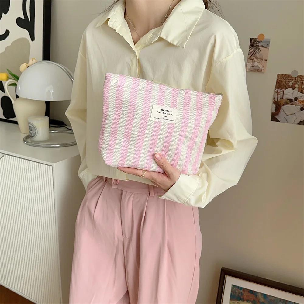 Retro Stripe Cosmetic Bag for Women Portable Canvas Travel Toiletries Storage Bags Female Makeup Case Clutch Purse Handbags