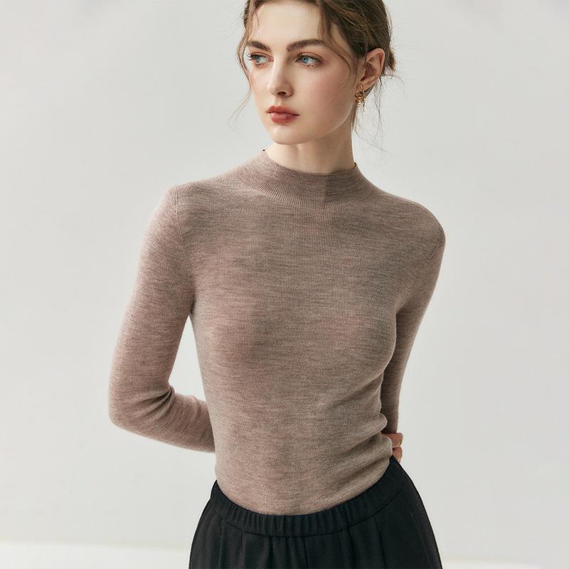 Women's Slim Fit Merino Wool Pullover Sweater - Half-High Neck, Autumn/Winter, Machine Washable