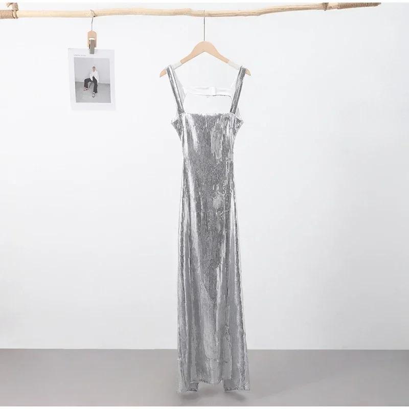 Sexy Sequins Backless Slip Maxi Dress Women Sleeveless Bodycon Hip Package Dresses Summer Party Evening Robe