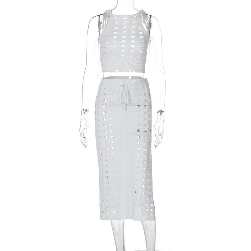 

2024 Европейский и американский летний однотонный новый облегающий сексуальный стиль гяру повседневный стиль с разрезом на шнуровке комплект из двух предметов женская одежда White L