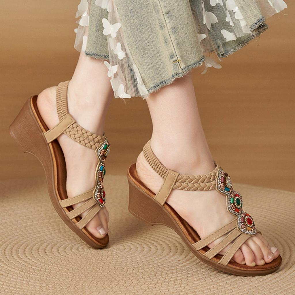 Women'S Boho Wedge Sandals Comfortable Low Heel Wooden Bead Rhinestone Comfortable Wedge Sandal Decorative Shoes For Women